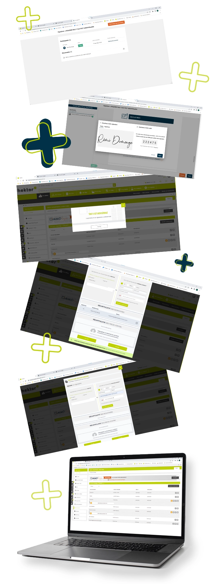 Captures d'écran de l'application ImmoSign intégrée au logiciel Hektor